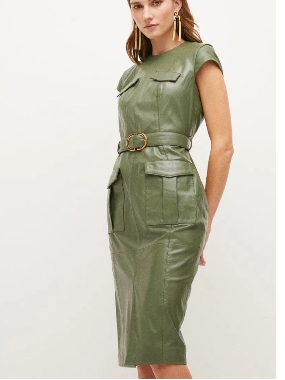 Karen Millen Leather Short Sleeve Belted Pencil Midi Dress green size 6